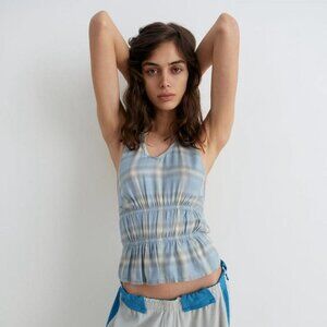 Gimaguas Womens Paralia Top XS Checks Blue Halter Ties at Back Sleeveless Cotton